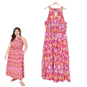 Lane Bryant Split-Neck Tie-Waist Maxi Dress Size 16 NWT Pink Yellow Ikat